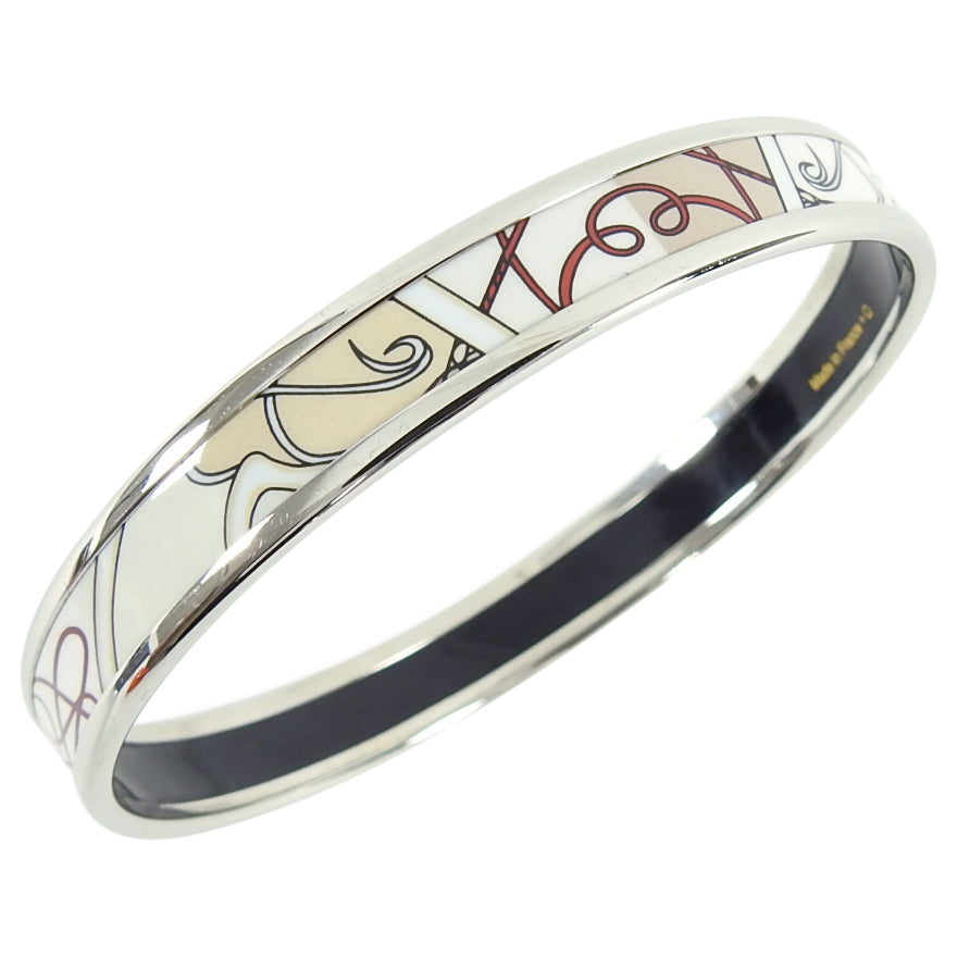 Hermes Narrow Beige Enamel Silver Bangle Bracelet
