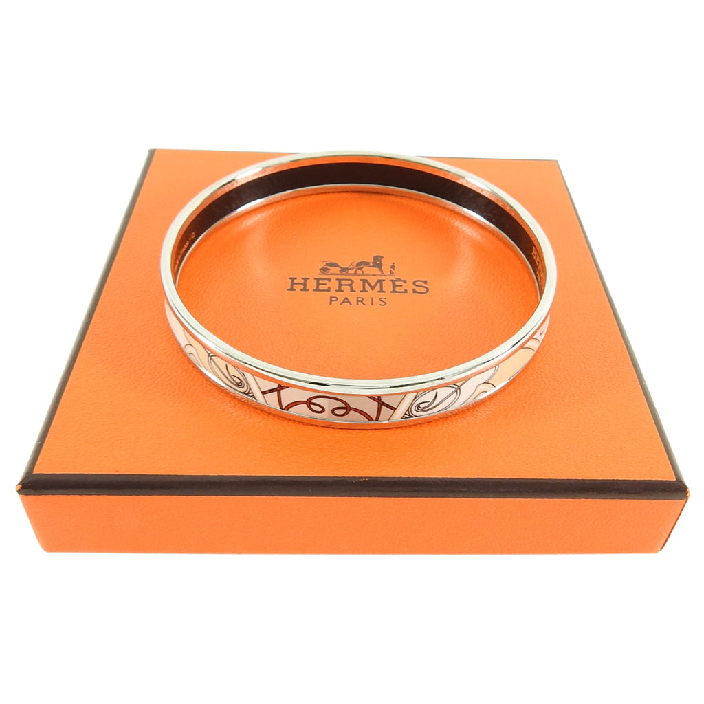 Hermes Narrow Beige Enamel Silver Bangle Bracelet