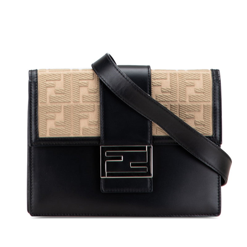 Fendi Flat Baguette Zucca Leather Canvas Shoulder Bag