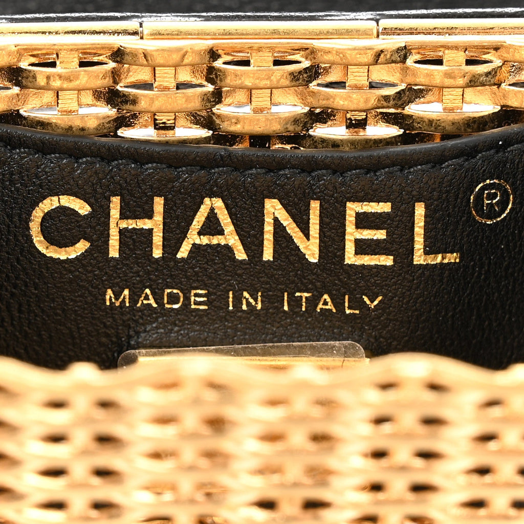 Woven Metal Lambskin Quilted Micro Flap Black Gold