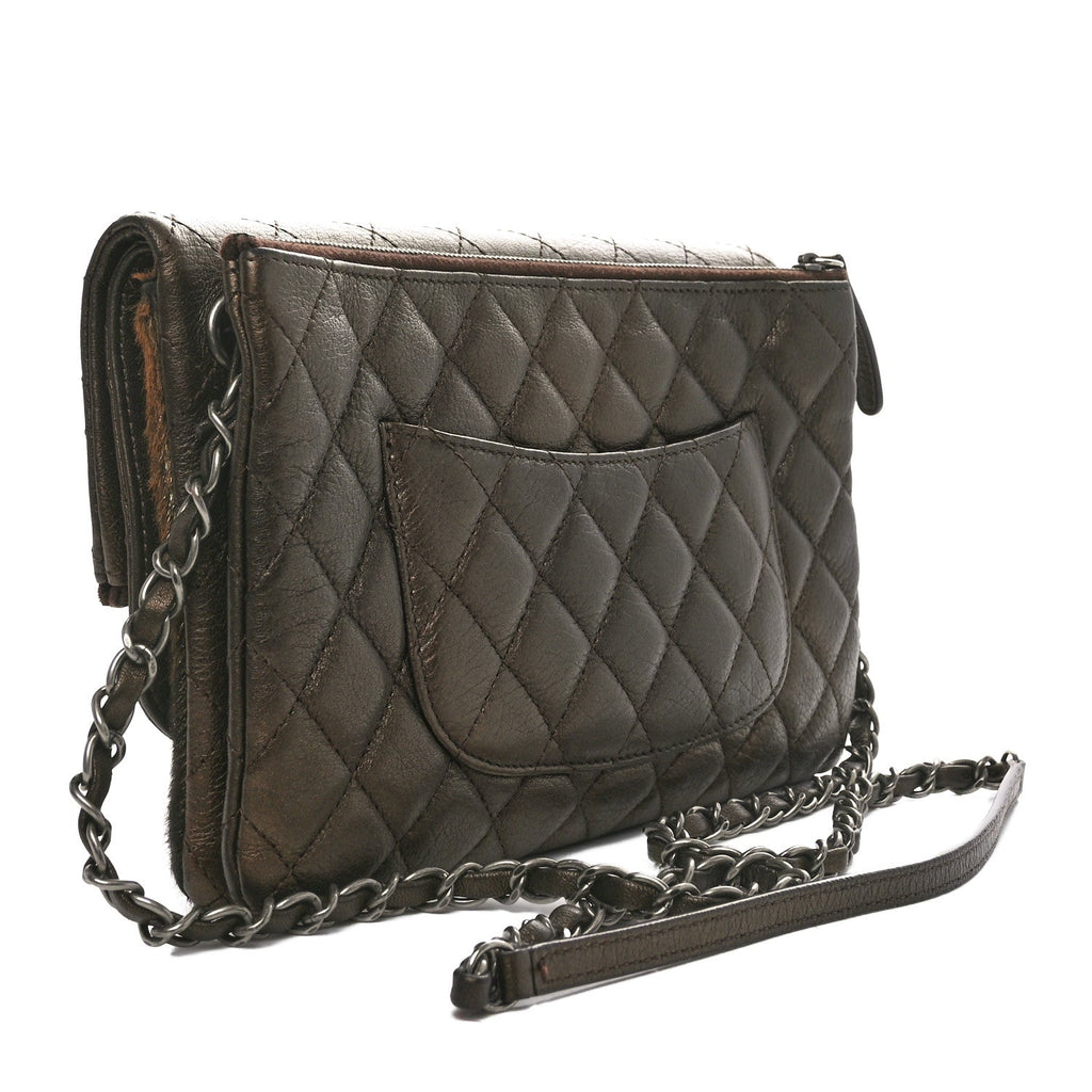 Metallic Lambskin Pony Hair Quilted Multi Bag Bronze