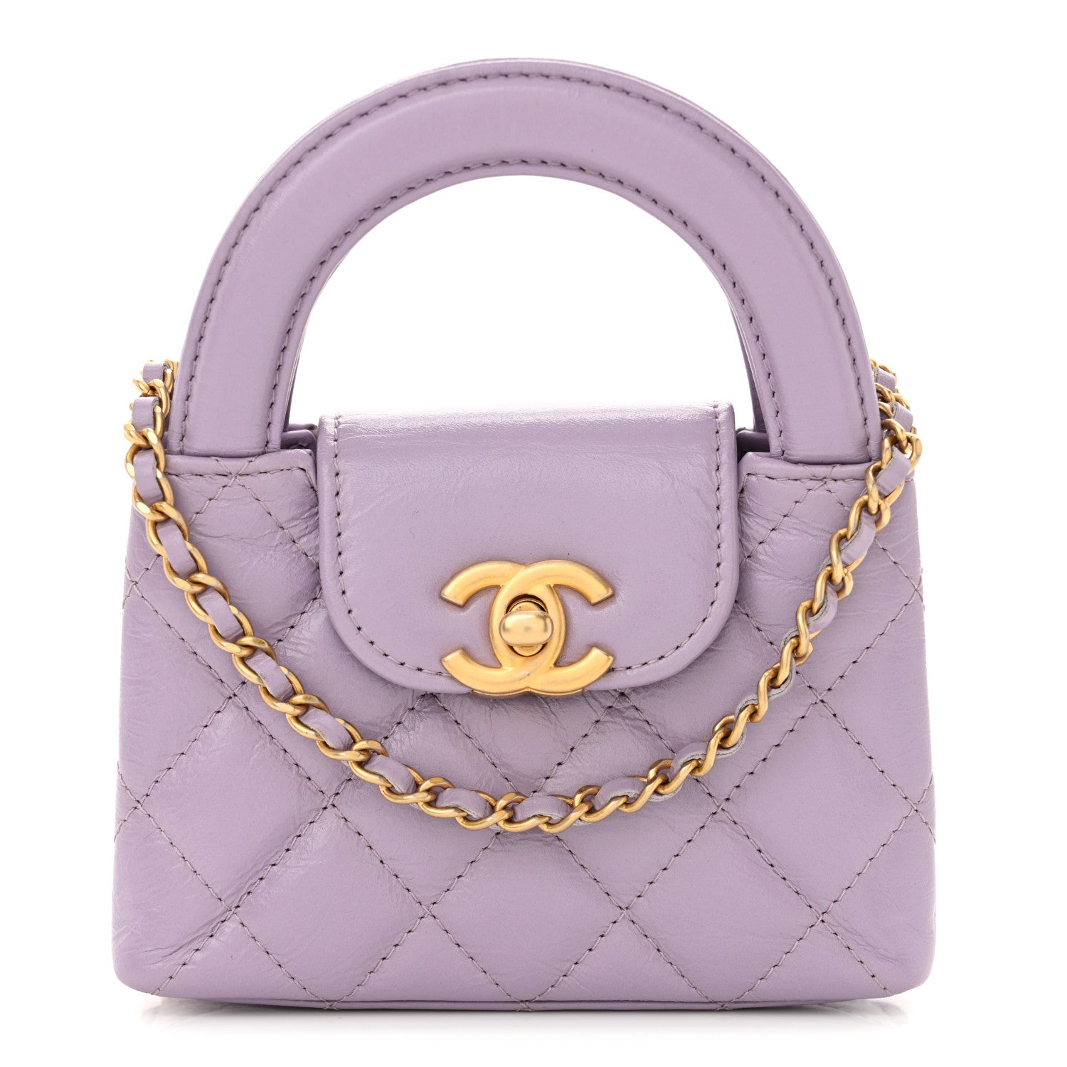 Shiny Aged Calfskin Quilted Mini Nano Kelly Shopper Lilac