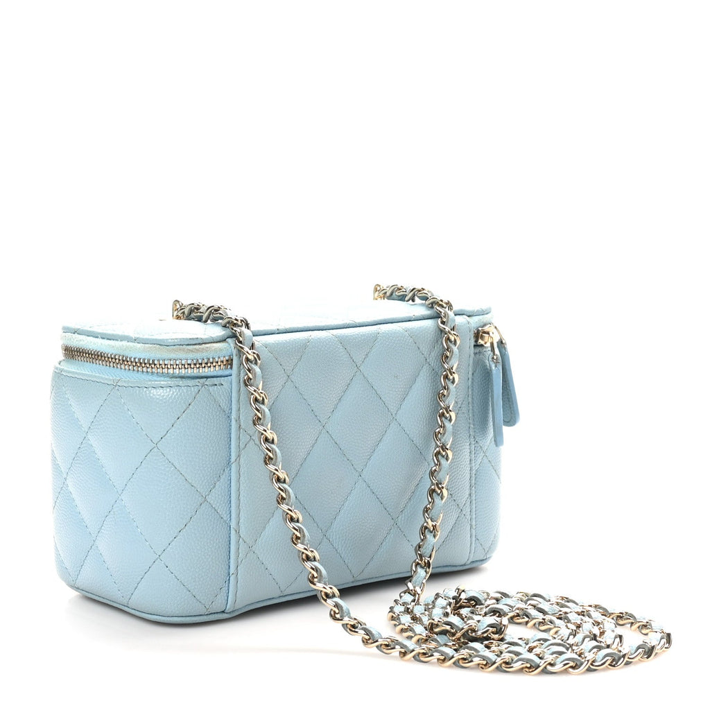 Caviar Quilted Small Tiny CC Vanity Case With Chain Light Blue