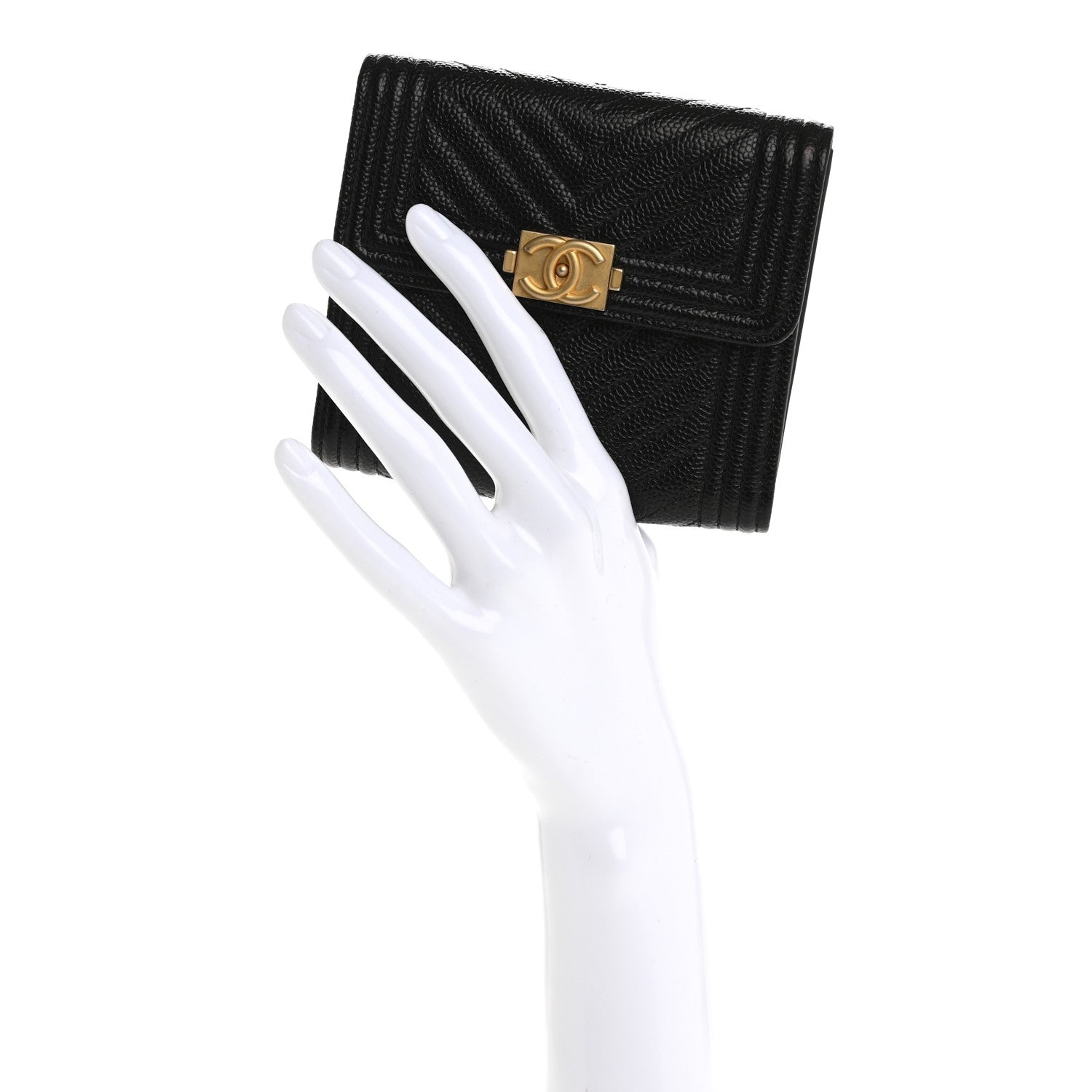 Caviar Chevron Quilted Boy Compact Wallet Black