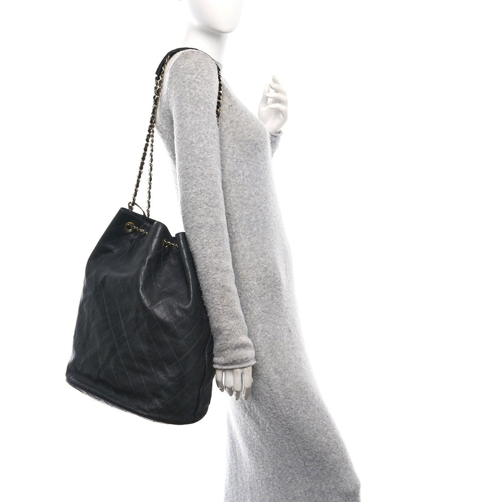 Lambskin Quilted Drawstring Bucket Bag Black