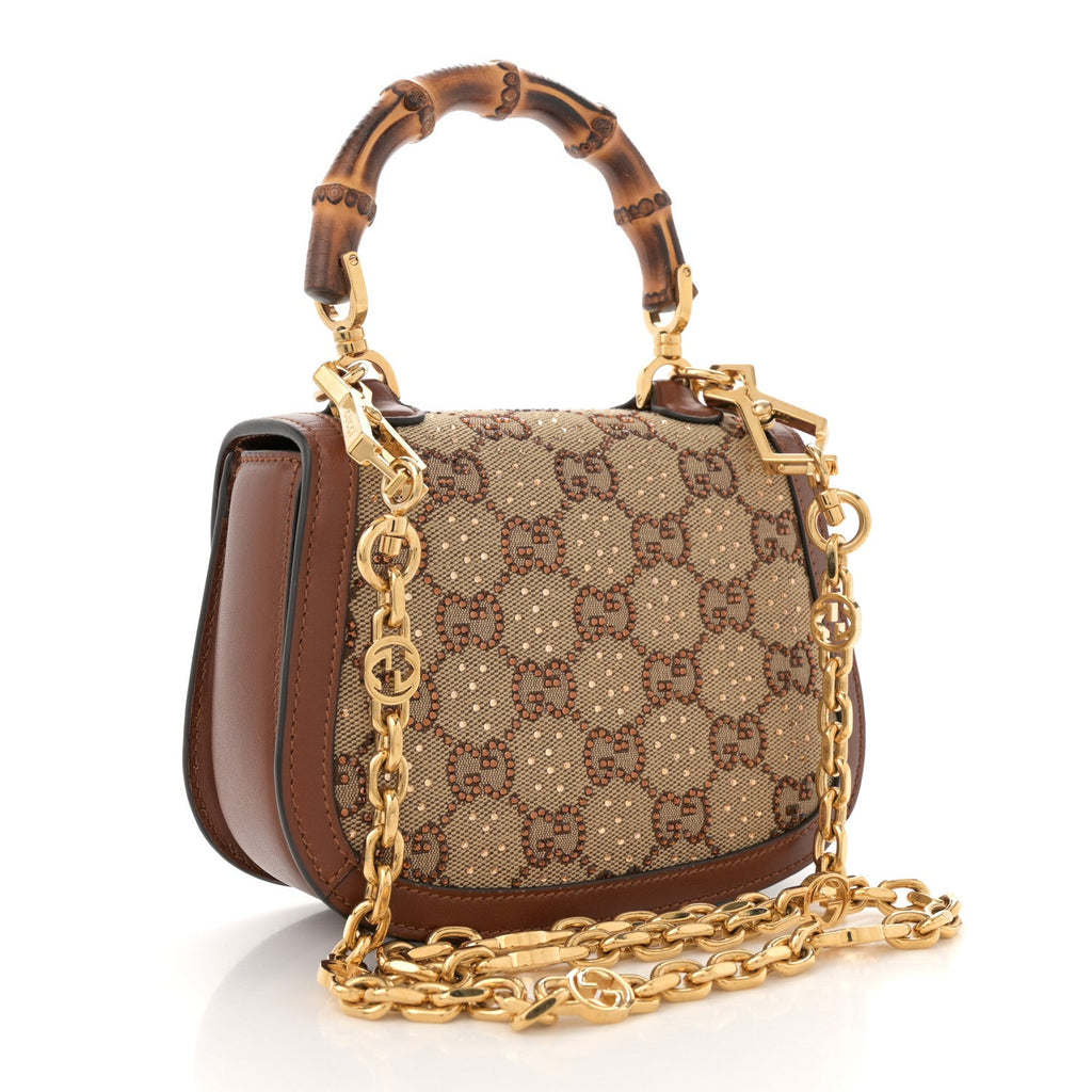 New Canvas Charisma Calfskin Crystal GG Monogram Small Bamboo 1947 Top Handle Bag Camel Ebony