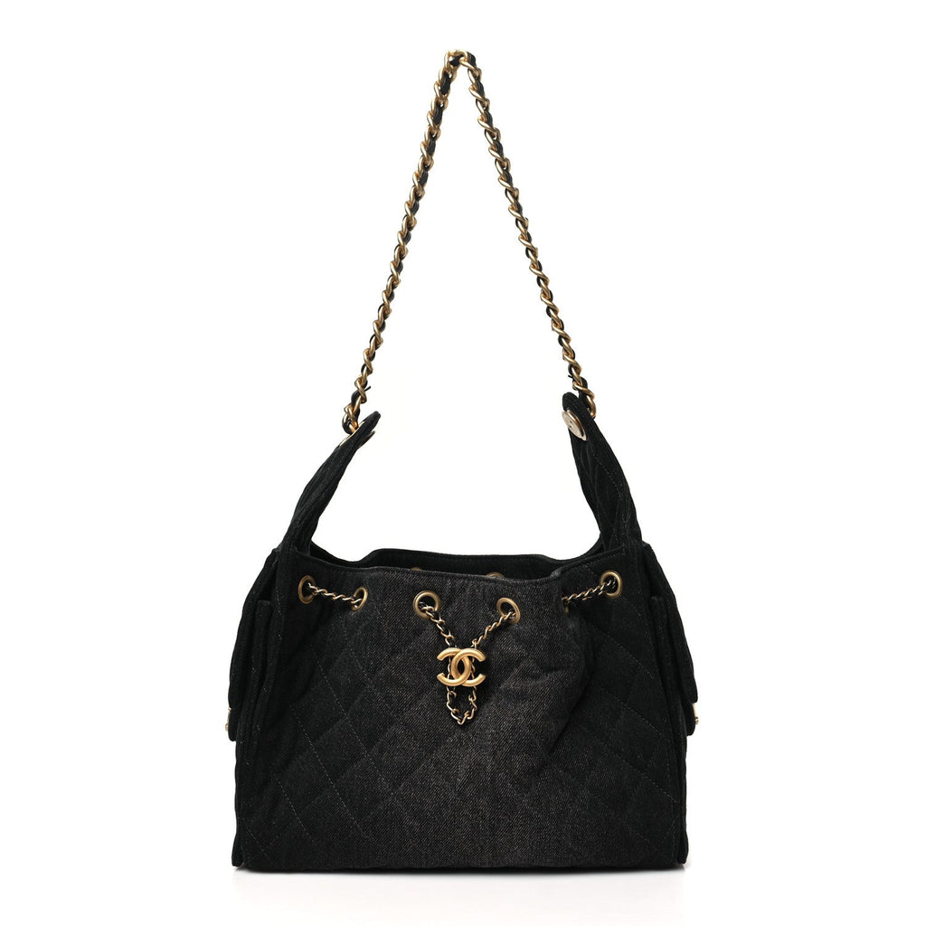 Washed Denim Quilted Small Chanel 25 Handbag Black