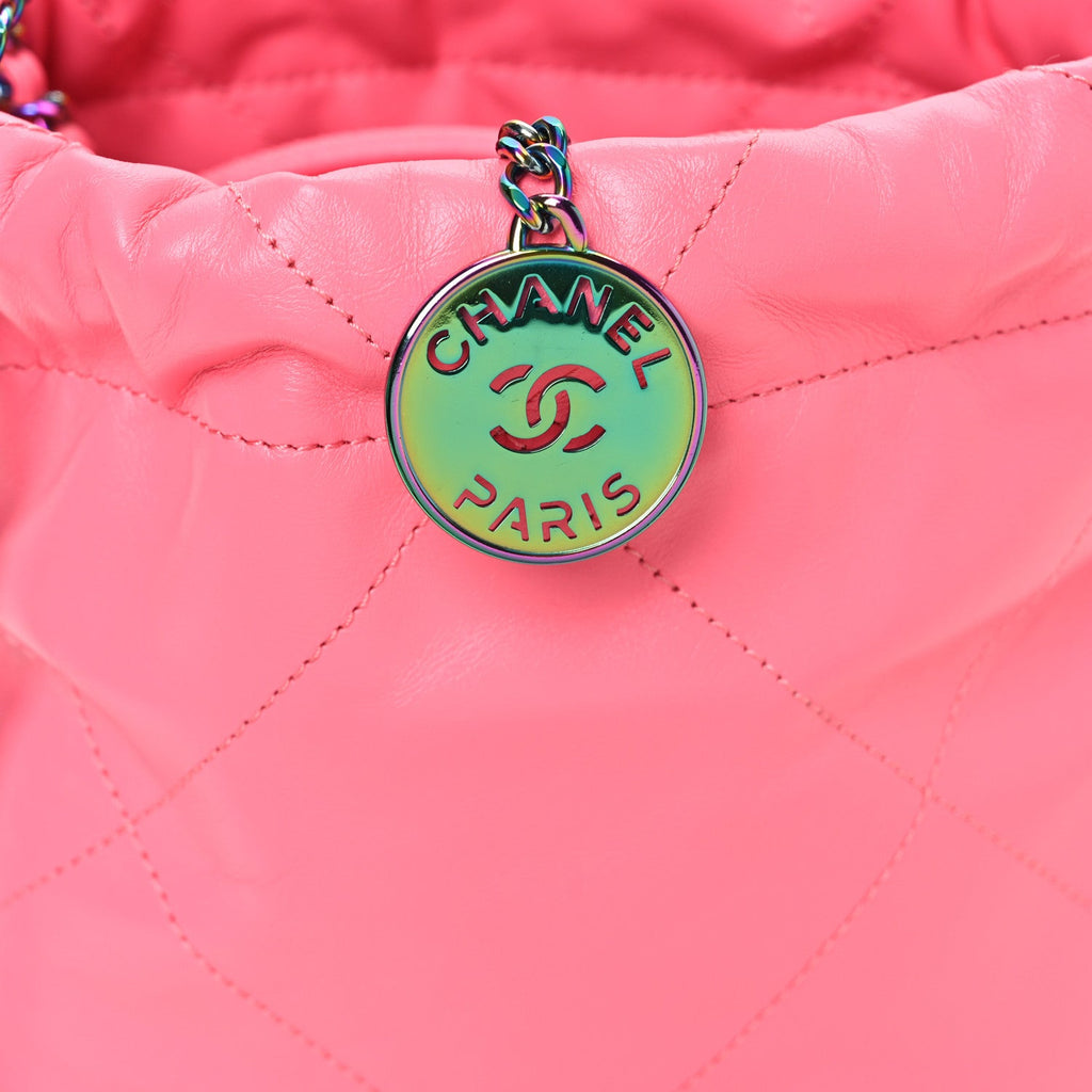 Shiny Calfskin Quilted Rainbow Metal Mini Chanel 22 Coral Pink
