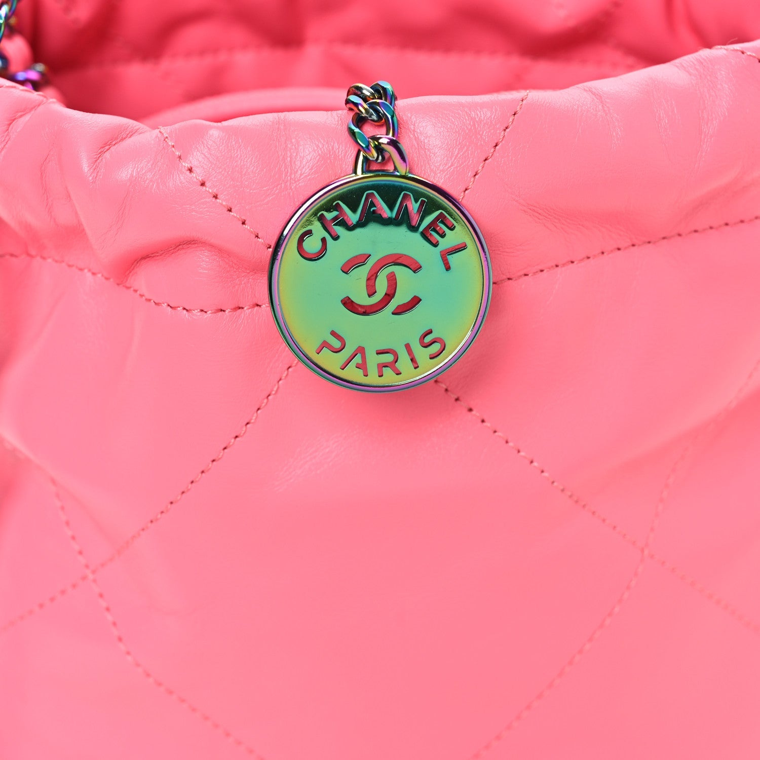 Shiny Calfskin Quilted Rainbow Metal Mini Chanel 22 Coral Pink
