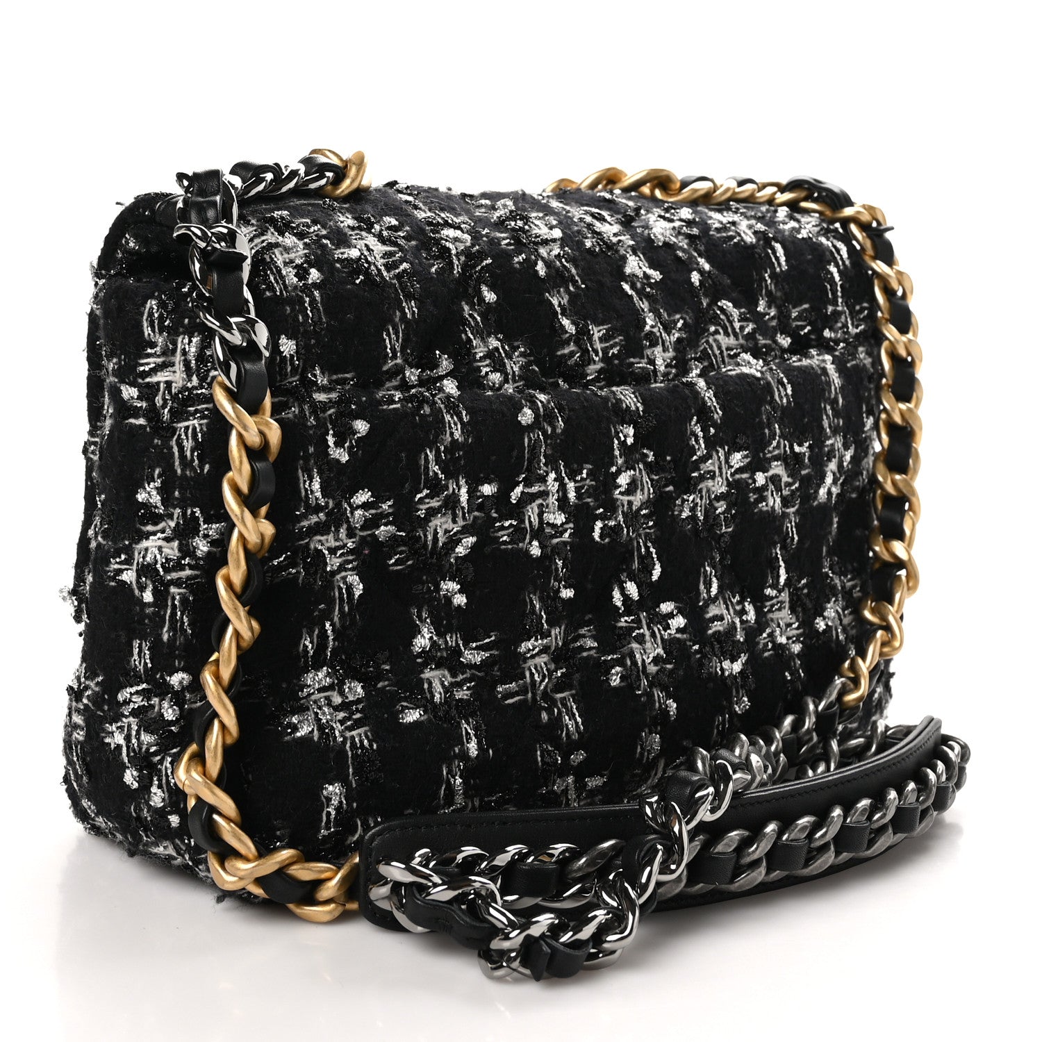 Tweed Quilted Medium Chanel 19 Flap Black Silver Ecru