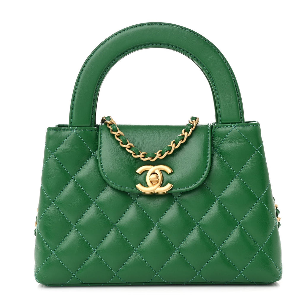 Shiny Aged Calfskin Quilted Nano Kelly Shopper Green