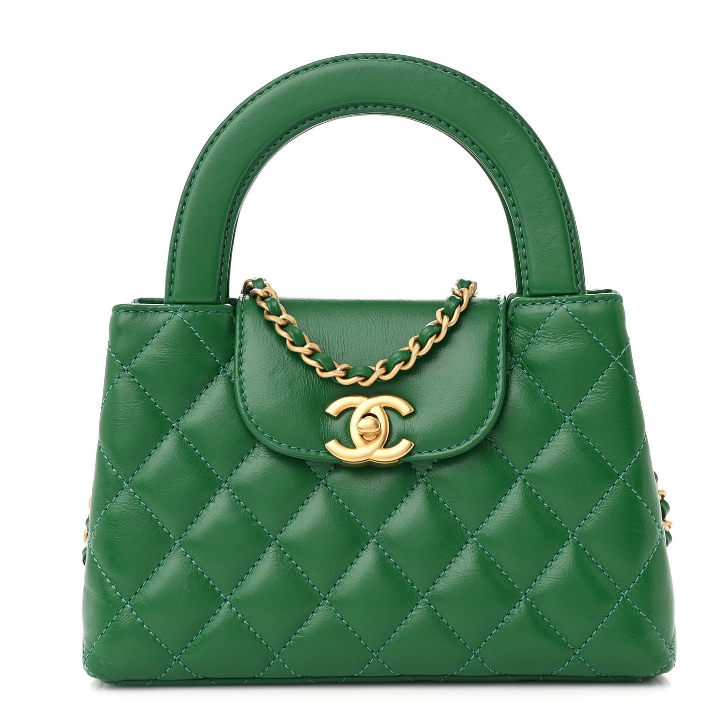 Shiny Aged Calfskin Quilted Nano Kelly Shopper Green