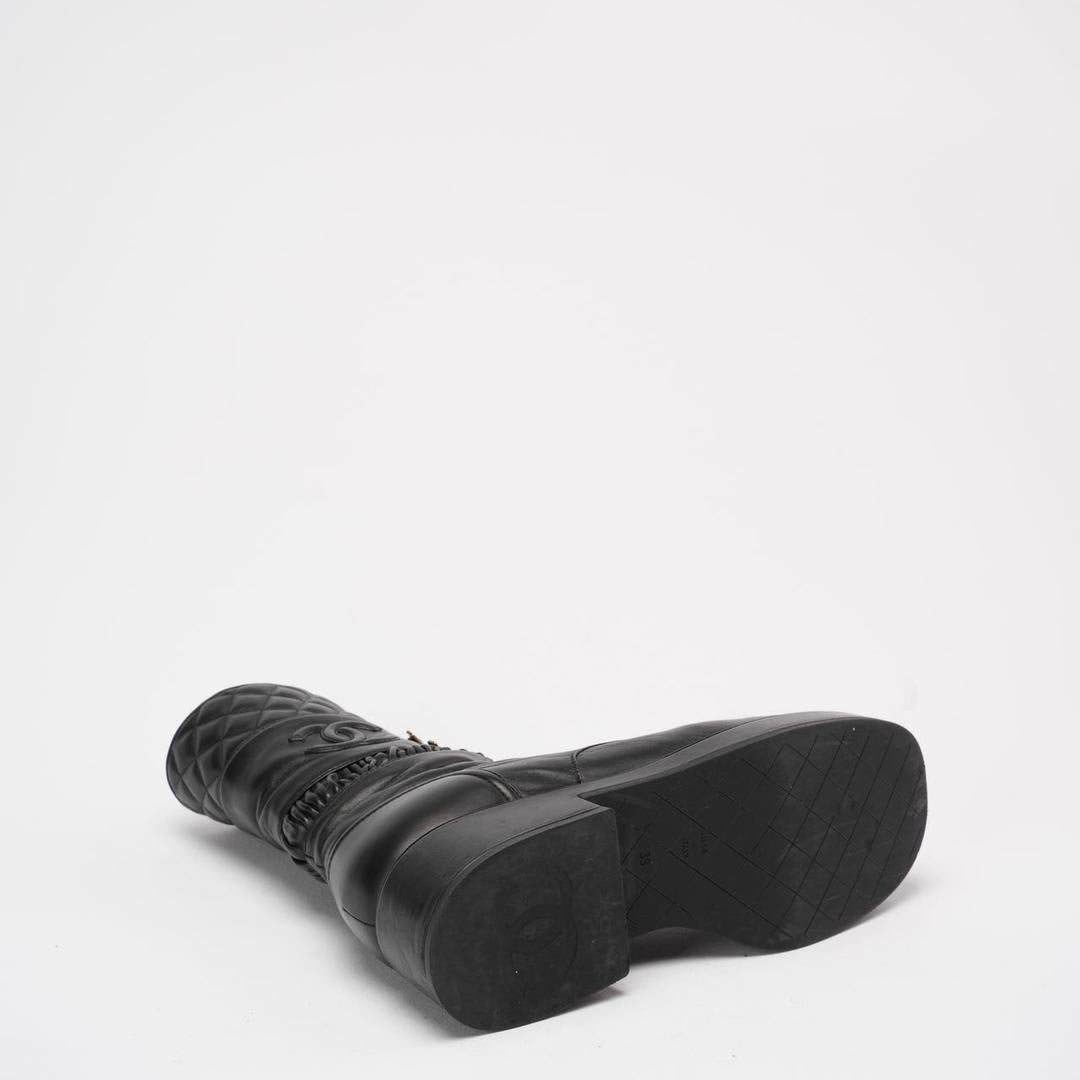 Chanel Black Lace Up Combat Boots Lambskin 39