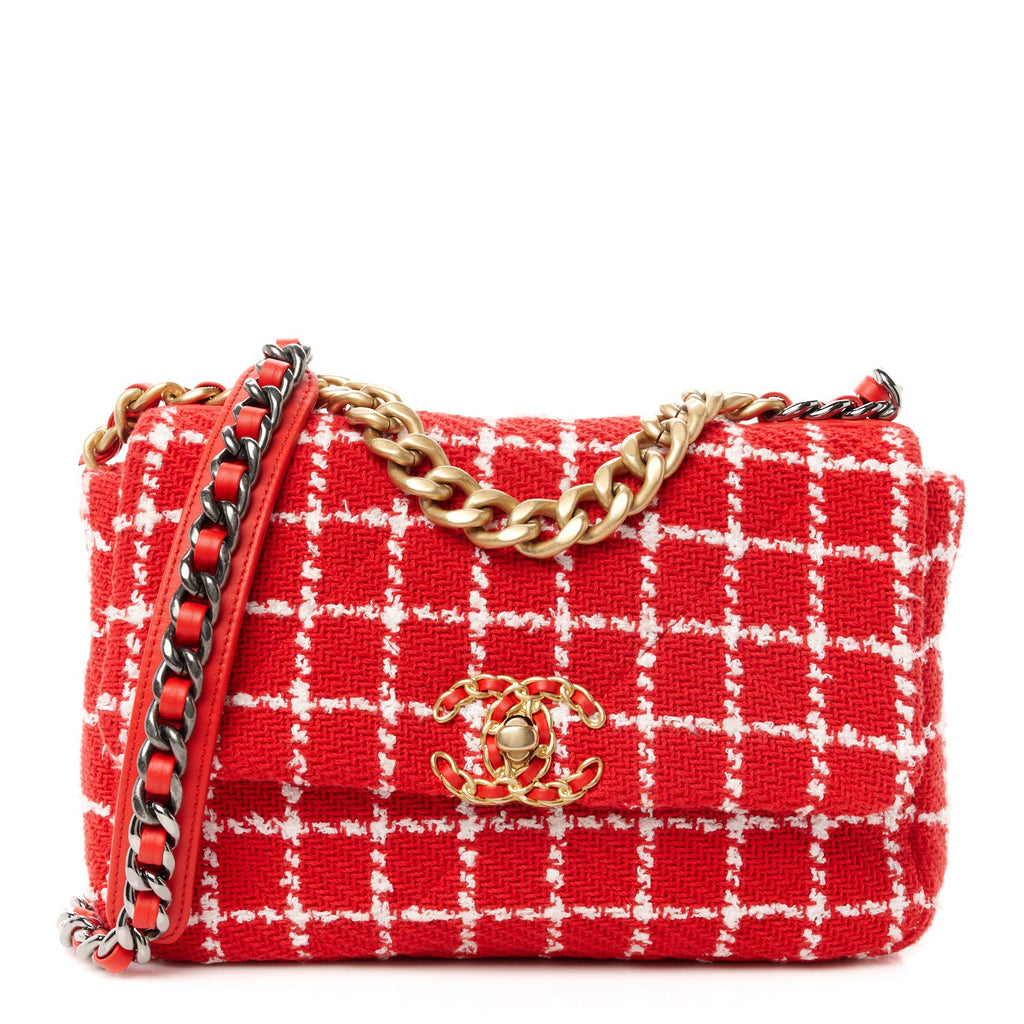 Tweed Quilted Medium Chanel 19 Flap Red White