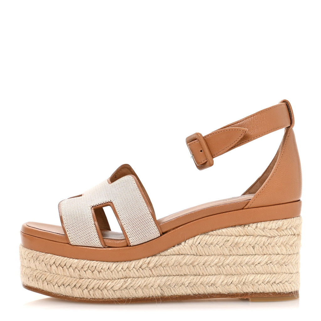H Canvas Goatskin Elda Espadrille Wedge Sandals 36 Noisette Natural