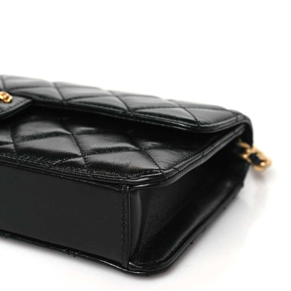Shiny Lambskin Quilted Flap Clutch Bag Black