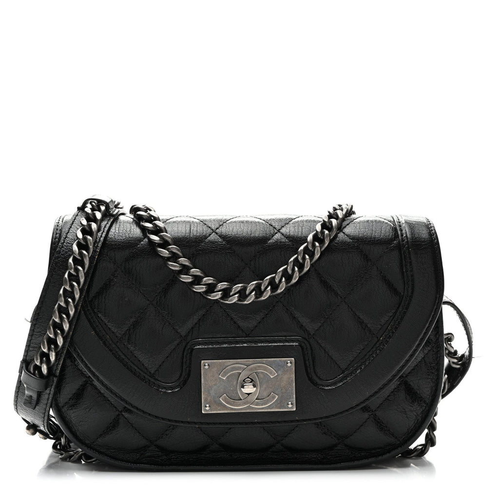Shiny Goatskin Quilted Small Double Chained Messenger Flap Black