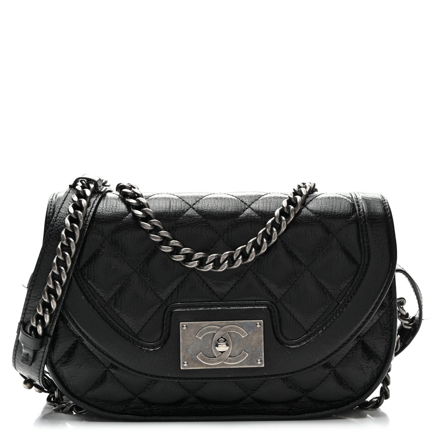 Shiny Goatskin Quilted Small Double Chained Messenger Flap Black