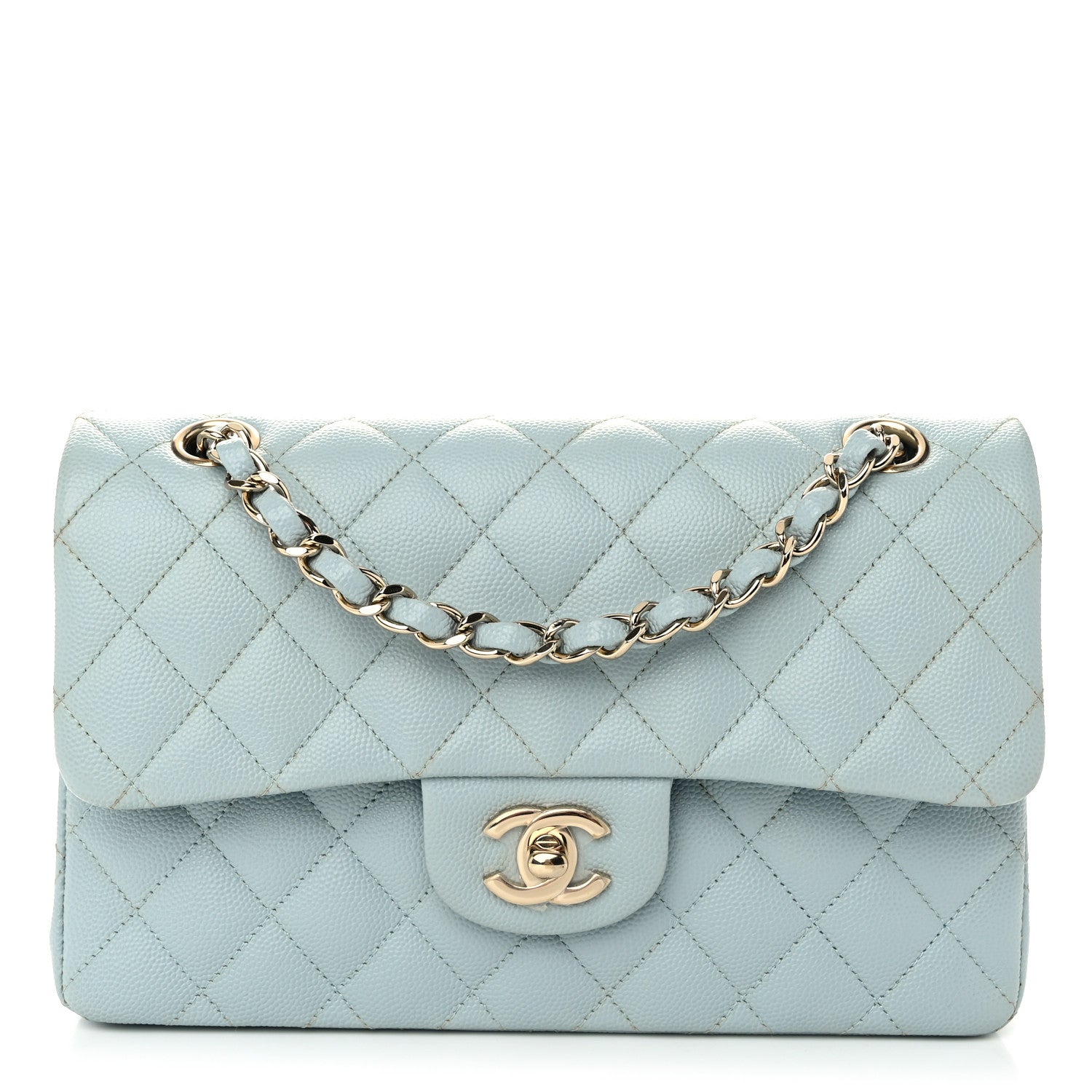 Caviar Quilted Small Double Flap Light Blue