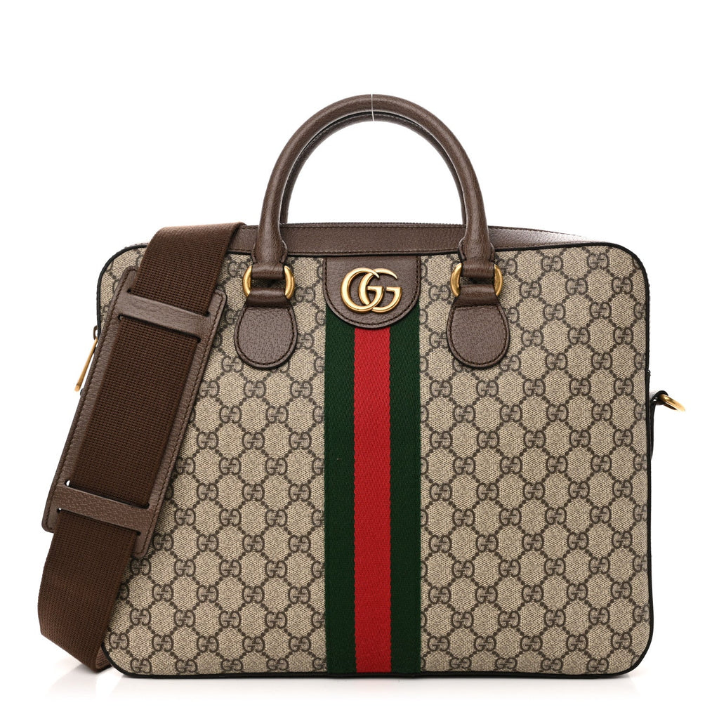 GG Supreme Monogram Textured Calfskin Web Medium Ophidia Briefcase Beige Ebony New Acero