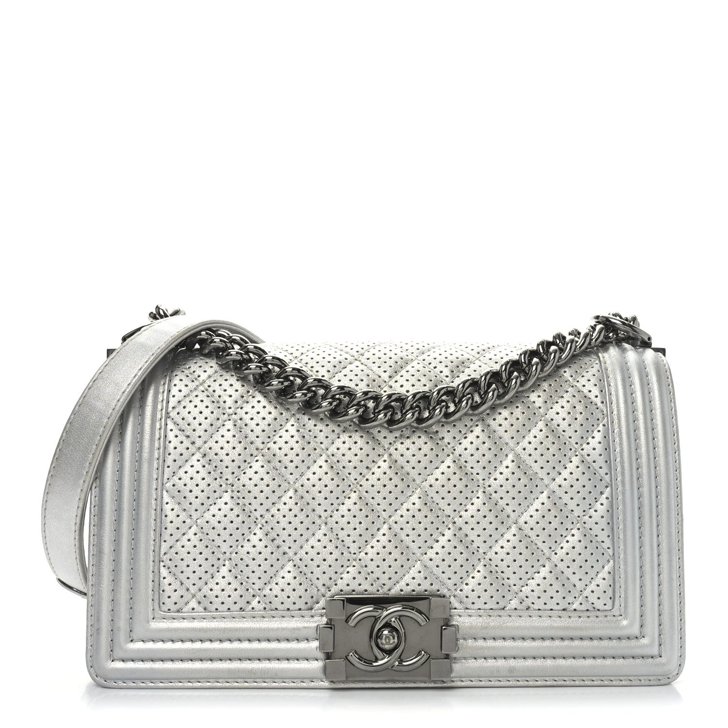 Metallic Lambskin Perforated Quilted Medium Boy Flap Argent