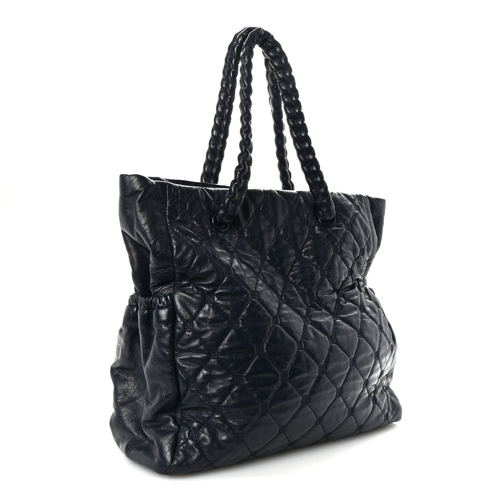Lambskin Quilted Hidden Chain Tote Navy