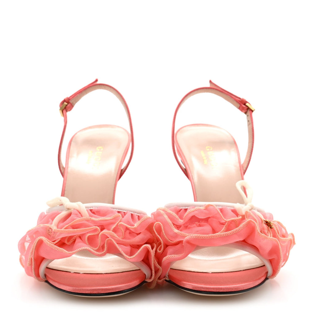 Tulle Ruffle Mid Heel Slingback Sandals 36 Peach White