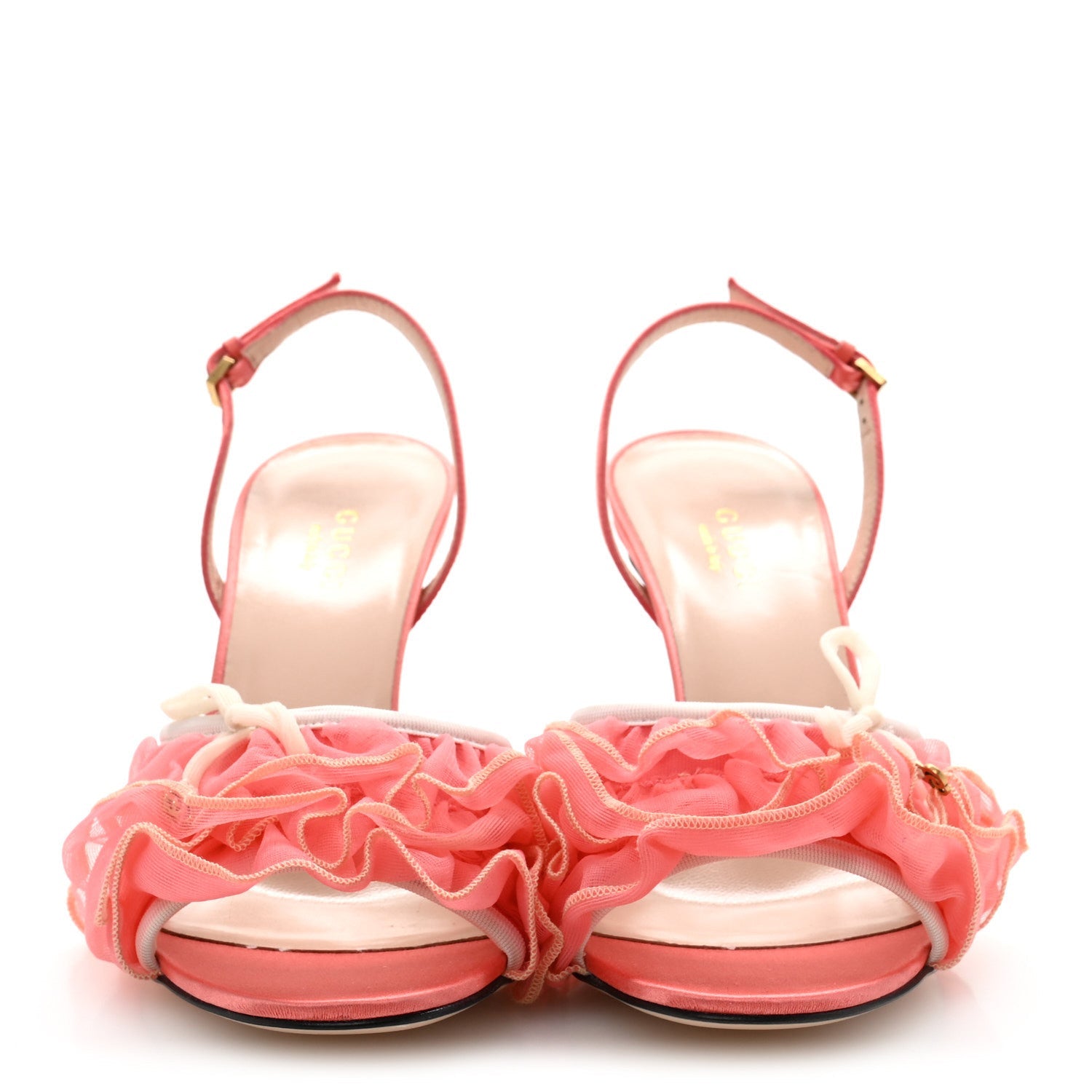 Tulle Ruffle Mid Heel Slingback Sandals 36 Peach White