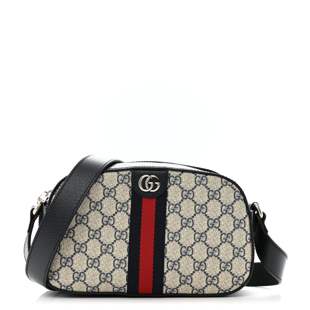 GG Supreme Monogram Textured Dollar Calfskin Web Small Ophidia Camera Bag Beige Blue