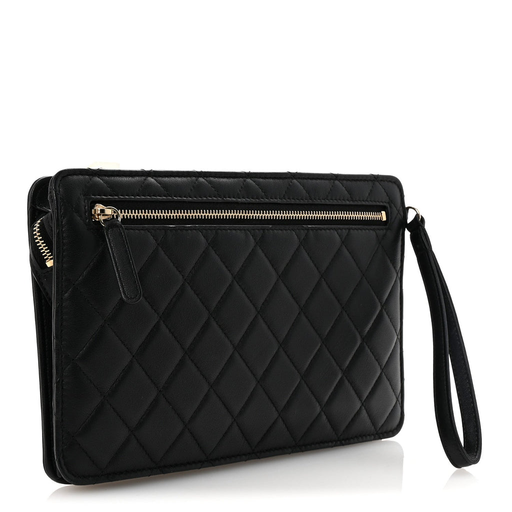 Lambskin Quilted Wristlet Clutch Black