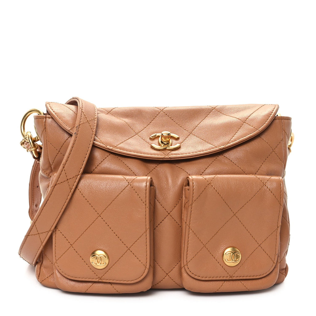Shiny Calfskin Quilted Supple Twins Small Hobo Bag Brown