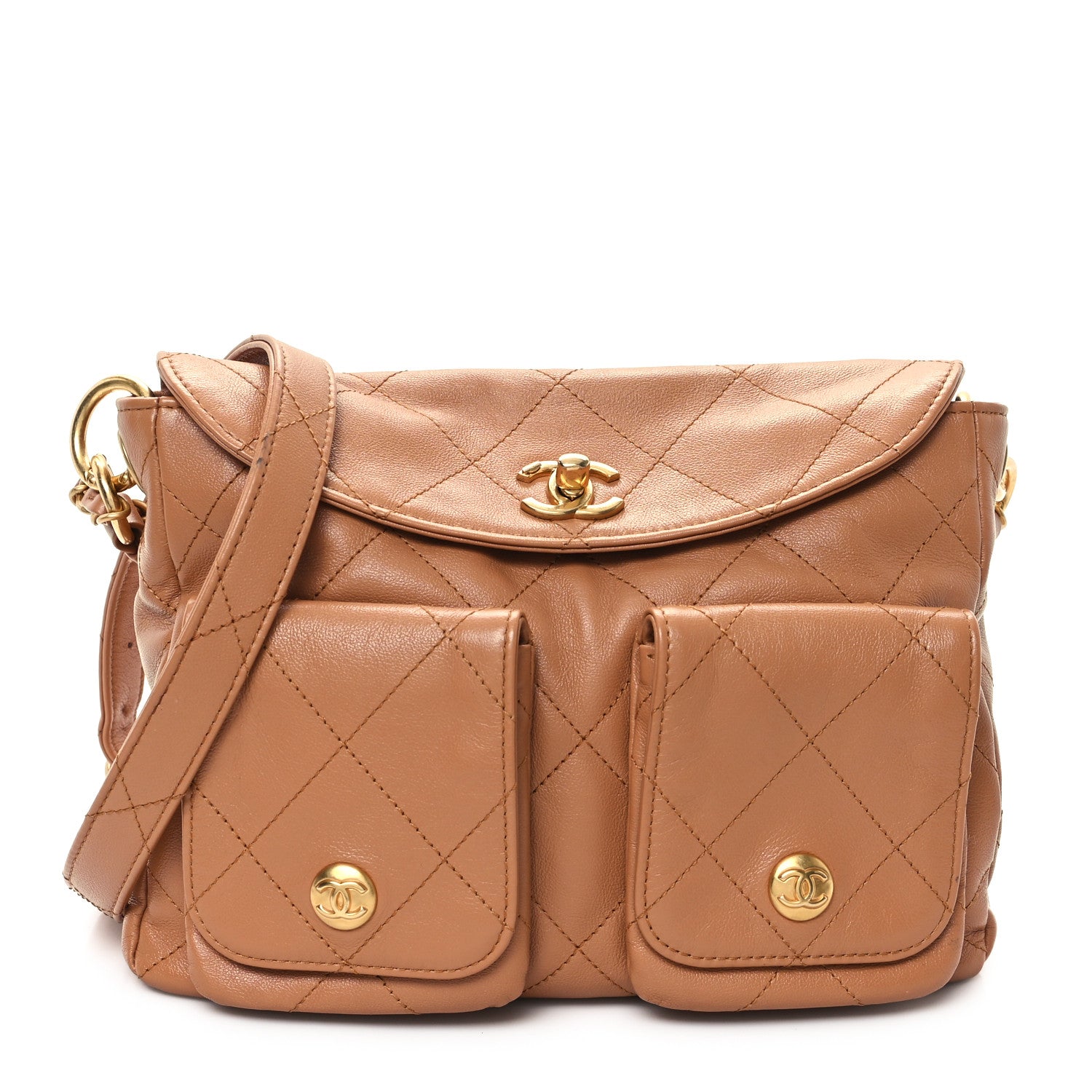 Shiny Calfskin Quilted Supple Twins Small Hobo Bag Brown