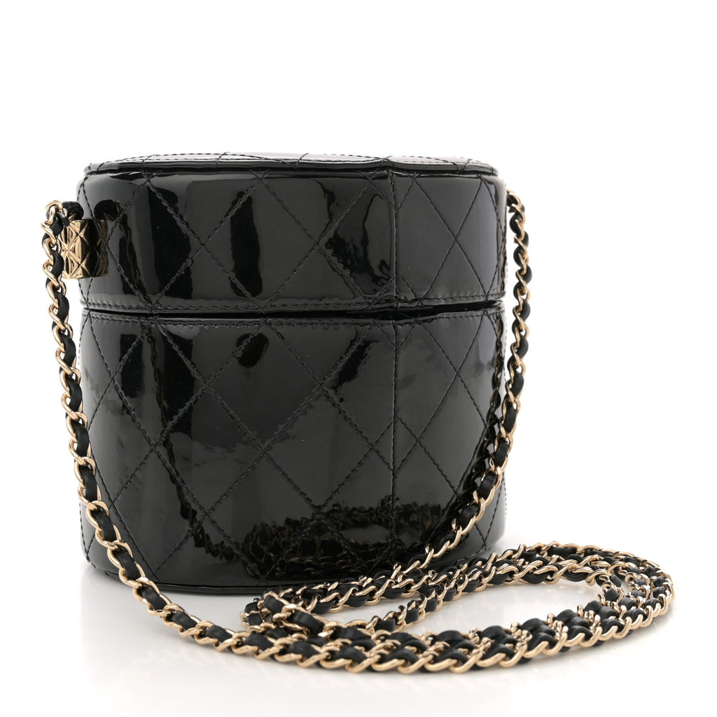 Patent Quilted Round Clutch With Chain Black