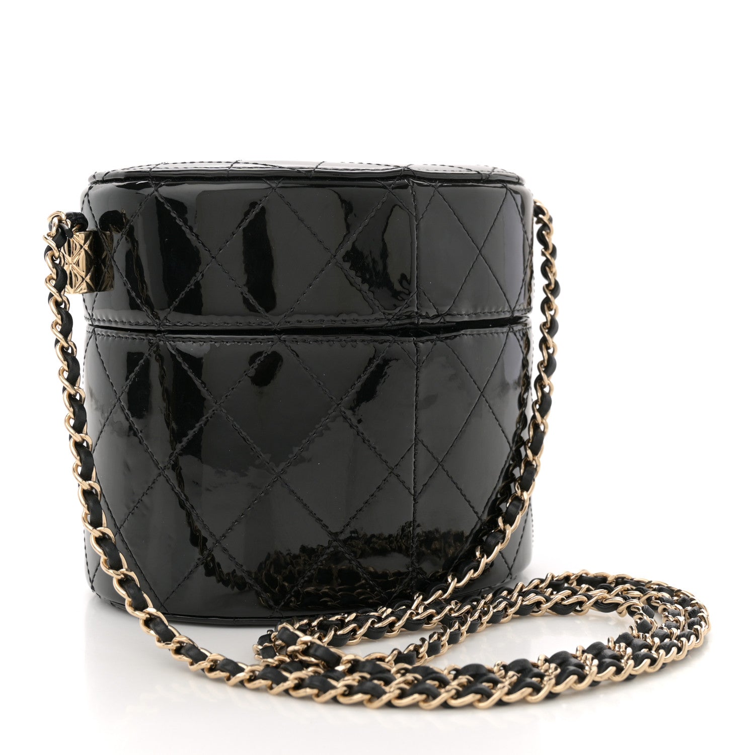 Patent Quilted Round Clutch With Chain Black