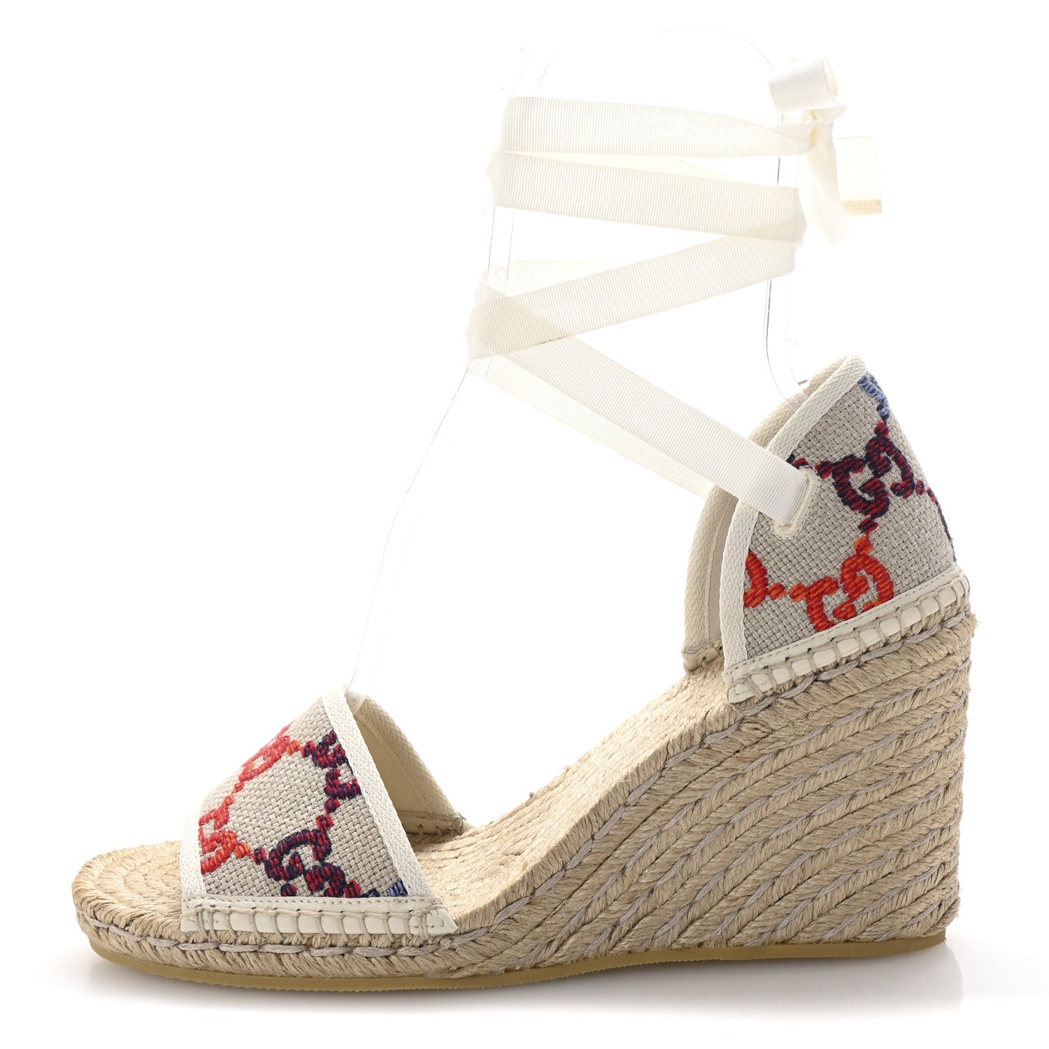 Linen Psychedelic Mini GG Monogram Ankle Wrap Platform Espadrille Wedge Sandals 41 Multicolor Mystic White