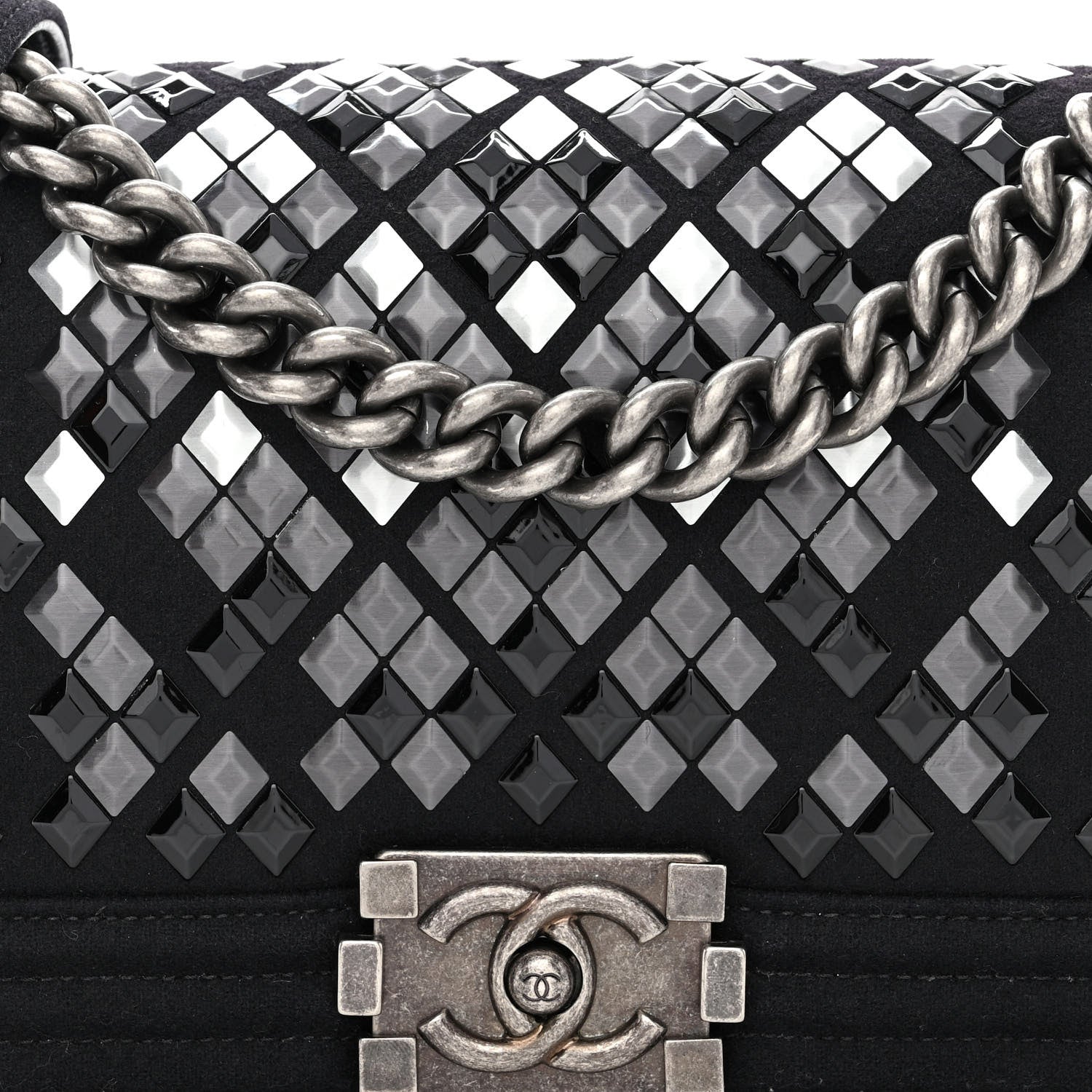 Wool Lambskin Embroidered Mosaic Medium Boy Flap Black
