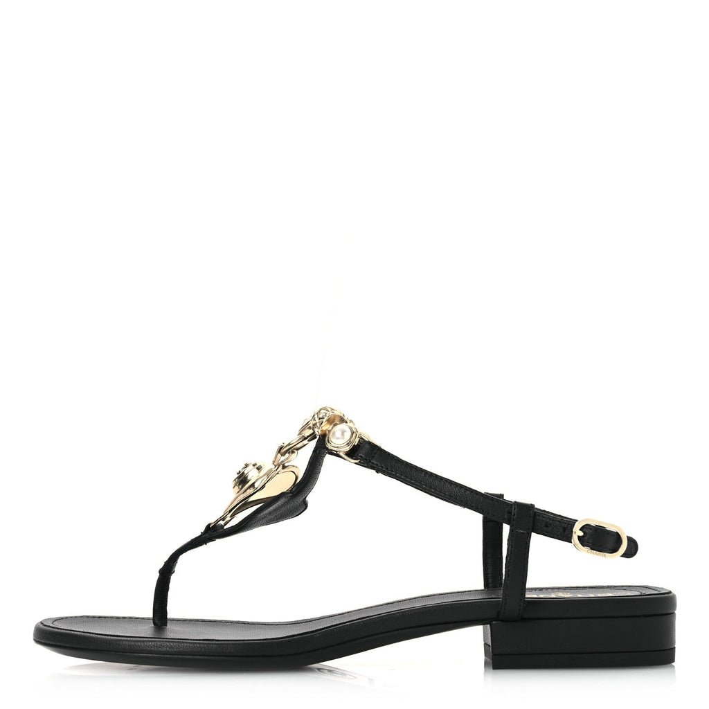 Lambskin Metal Heart Thong Sandals 37 Black