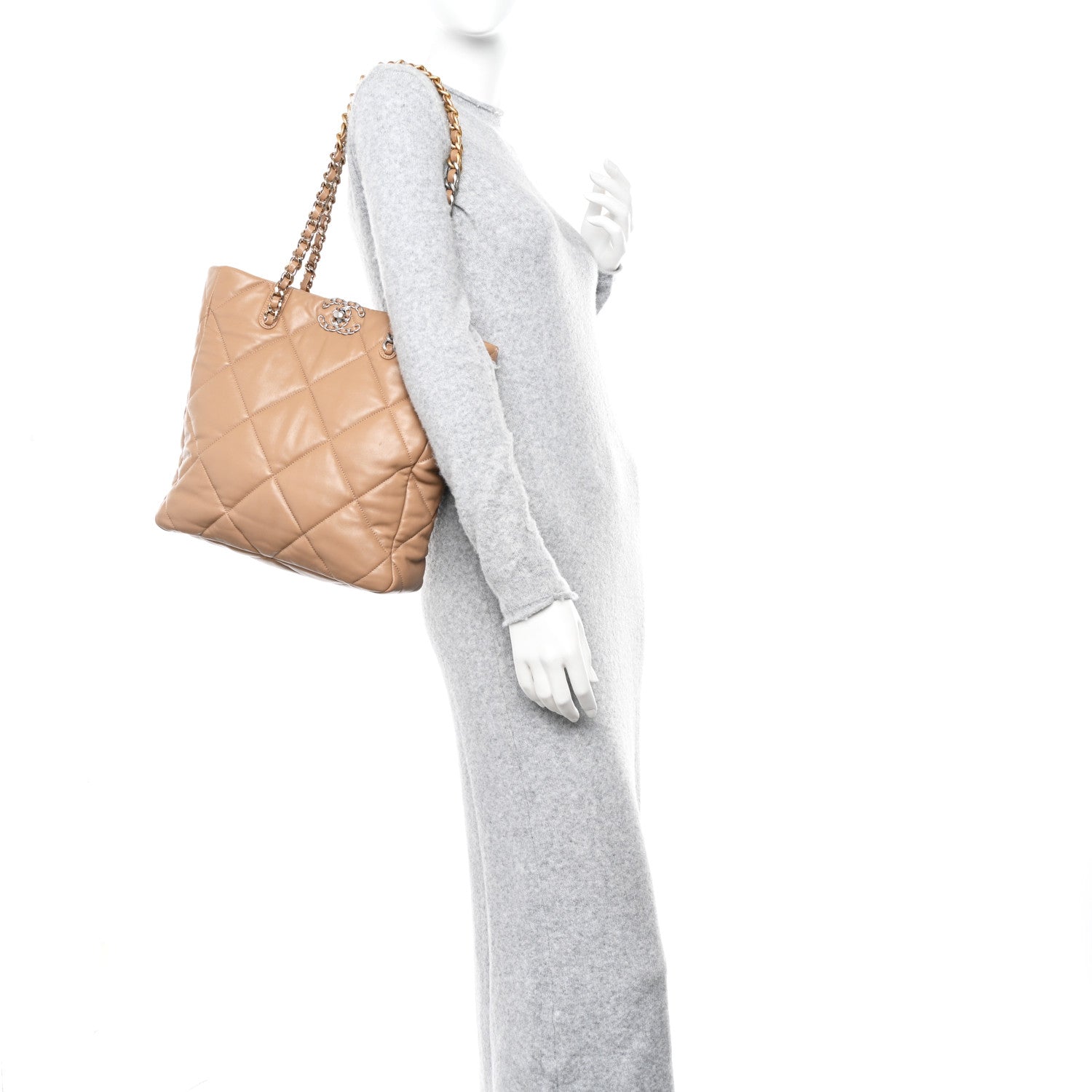 Lambskin Quilted Chanel 19 Shopping Bag Beige