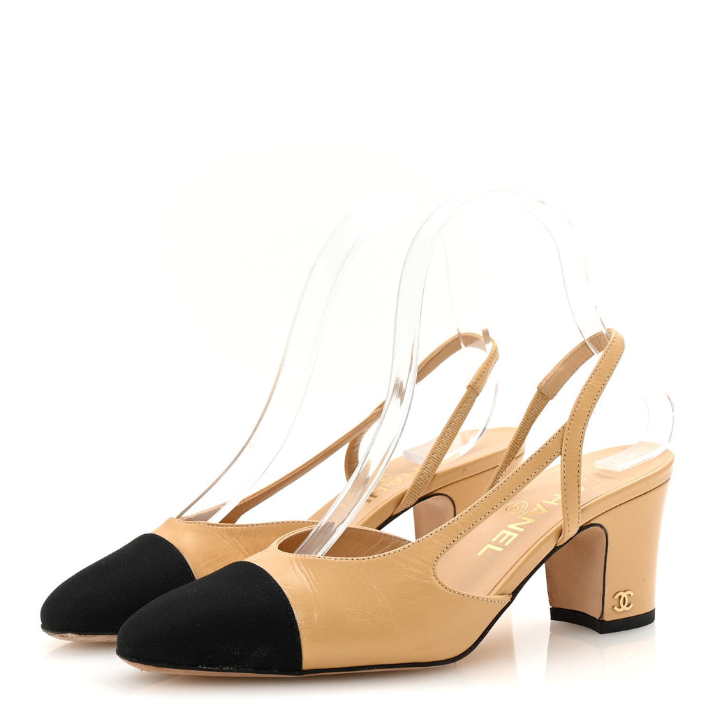 Goatskin Grosgrain Cap Toe CC Slingback Pumps 37 Beige Black