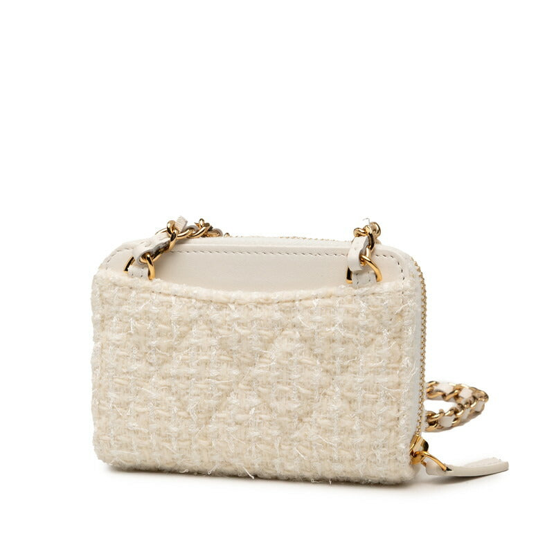 Chanel Coco Mark Ribbon Tweed Leather Chain Wallet Coin Case