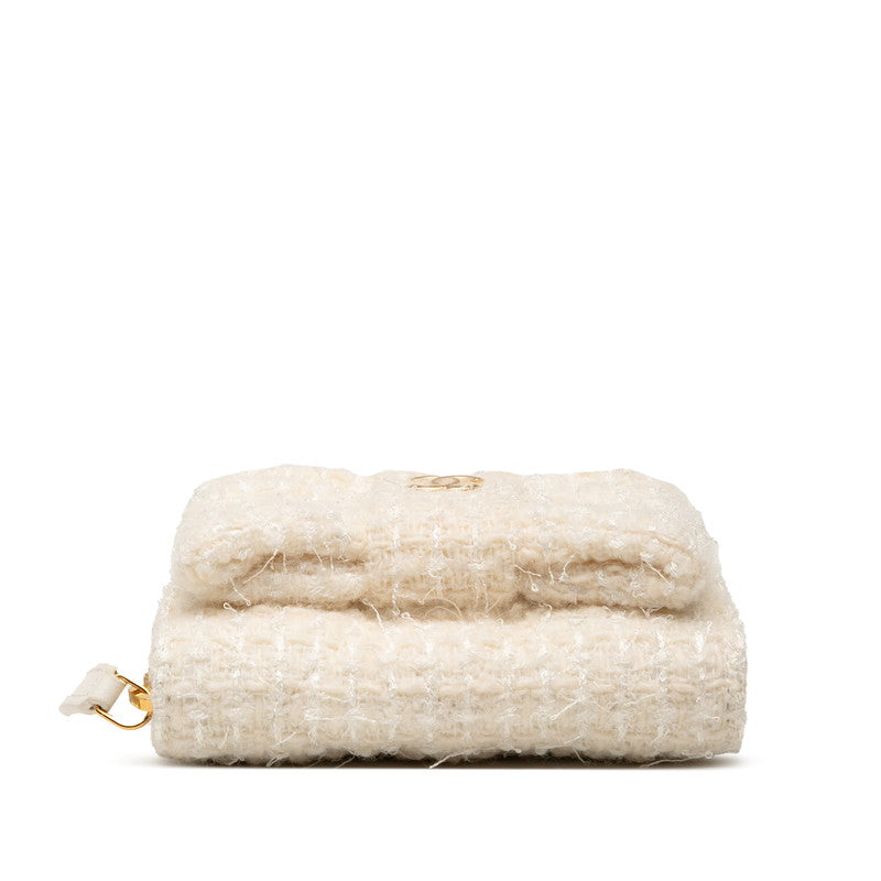 Chanel Coco Mark Ribbon Tweed Leather Chain Wallet Coin Case