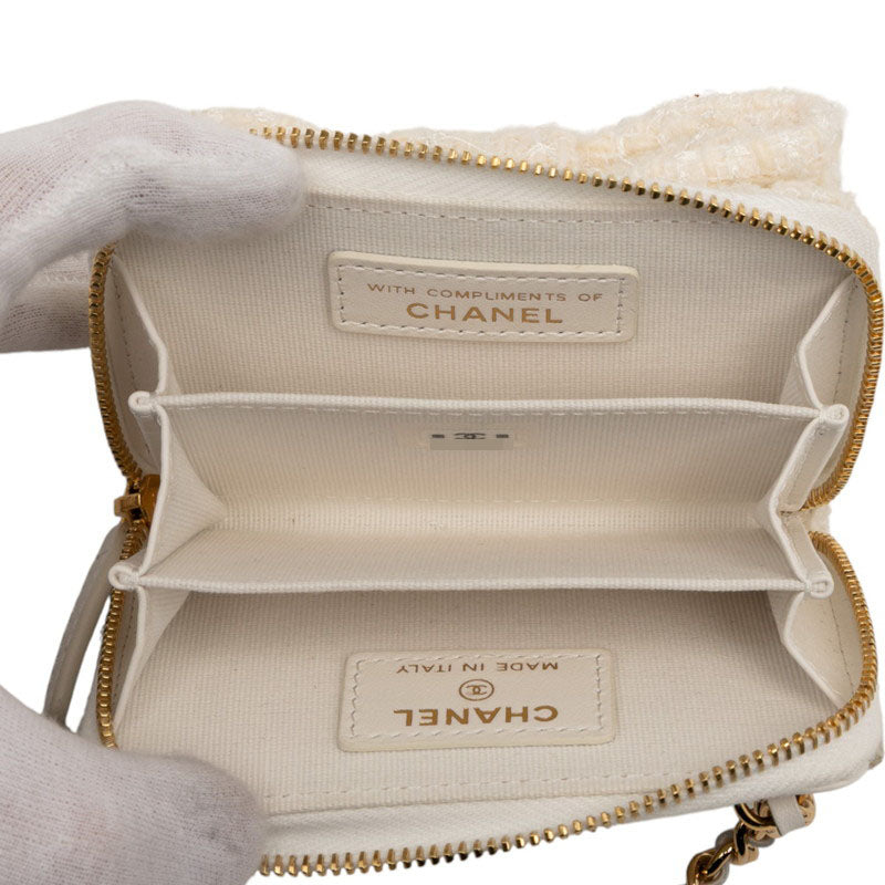 Chanel Coco Mark Ribbon Tweed Leather Chain Wallet Coin Case
