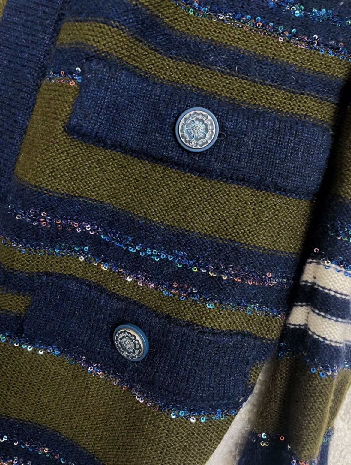 Chanel 20A dark green and blue knitted striped long igan