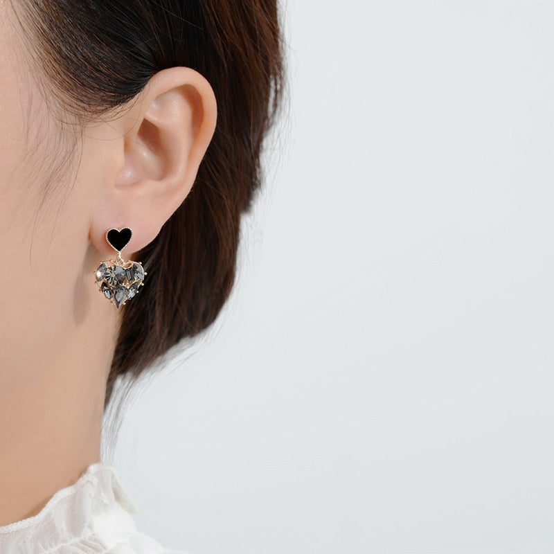 Black Crystal Heart Earrings
