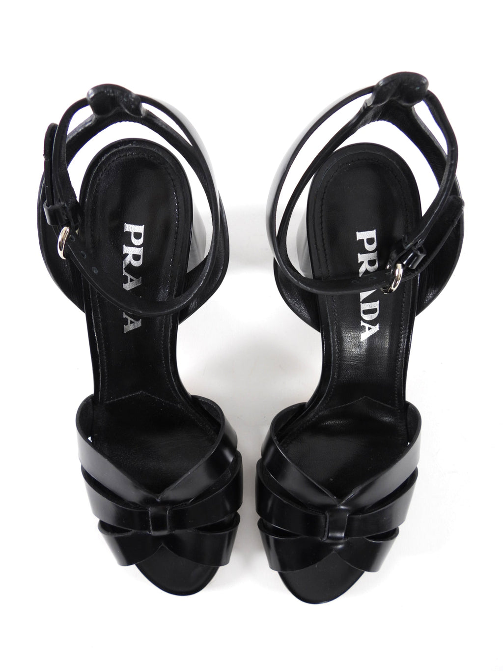 Prada Black Glossed Leather Block Heels Sandals - 36.5 / 7