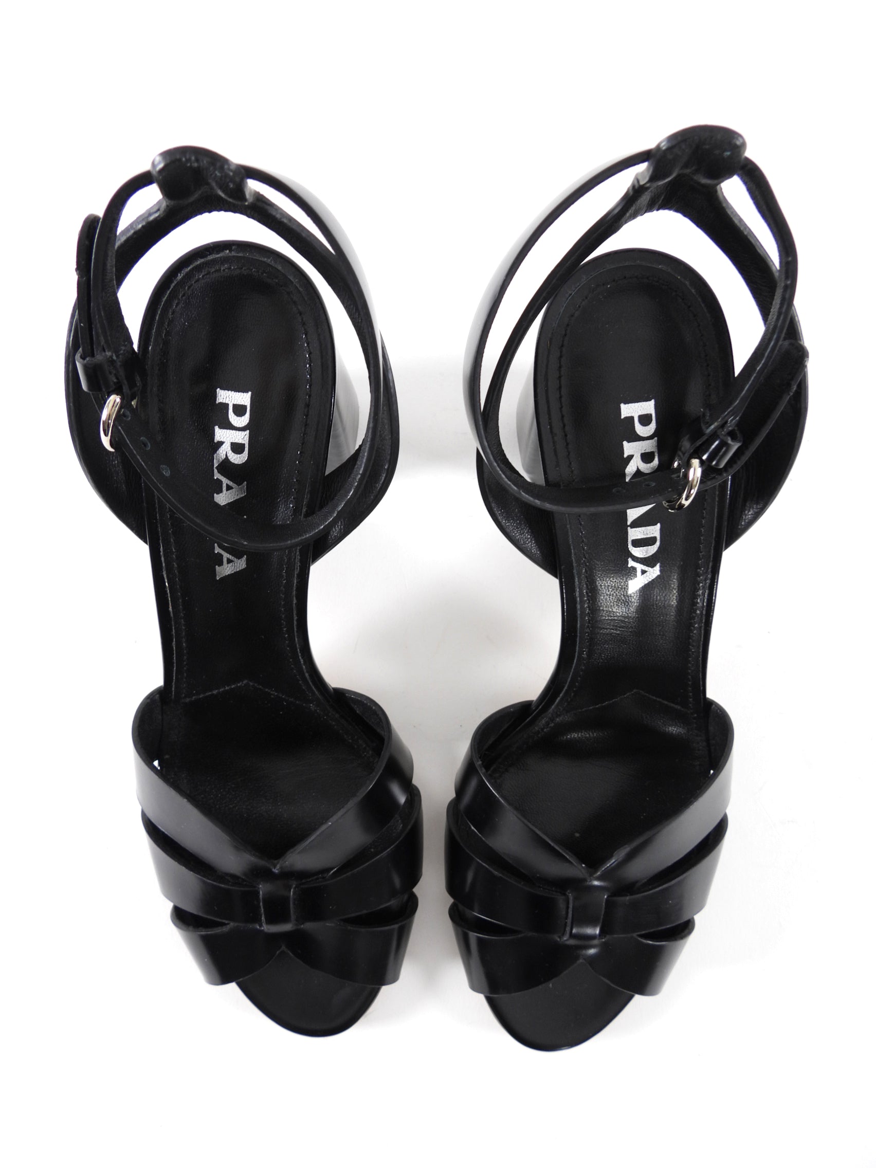 Prada Black Glossed Leather Block Heels Sandals - 36.5 / 7
