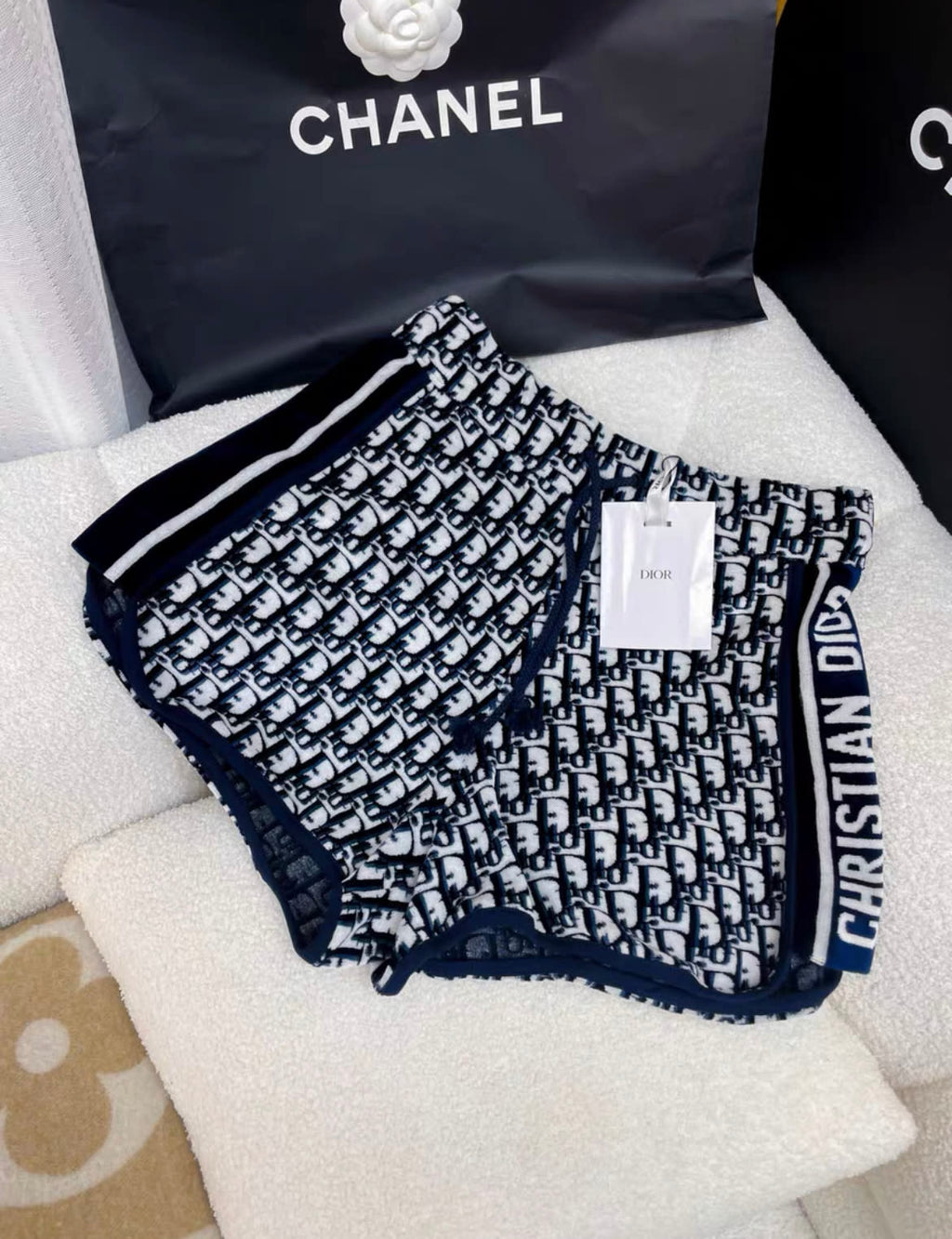 DIOR SHORTS Navy Blue Dior Oblique Velvet-Effect Cotton Jersey