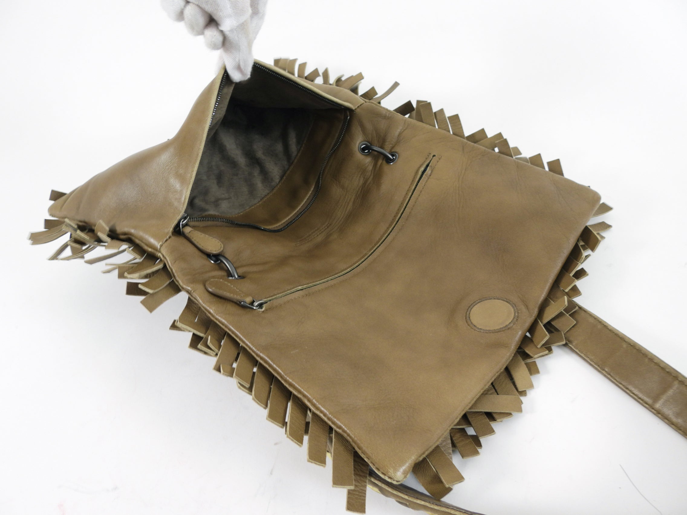 Bottega Veneta Olive Khaki Intrecciato Leather Fringed Shoulder Bag