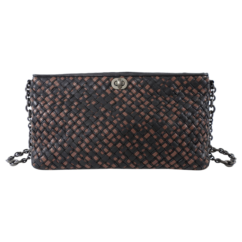 Bottega Veneta Black and Brown Intrecciato Leather Chain Bag