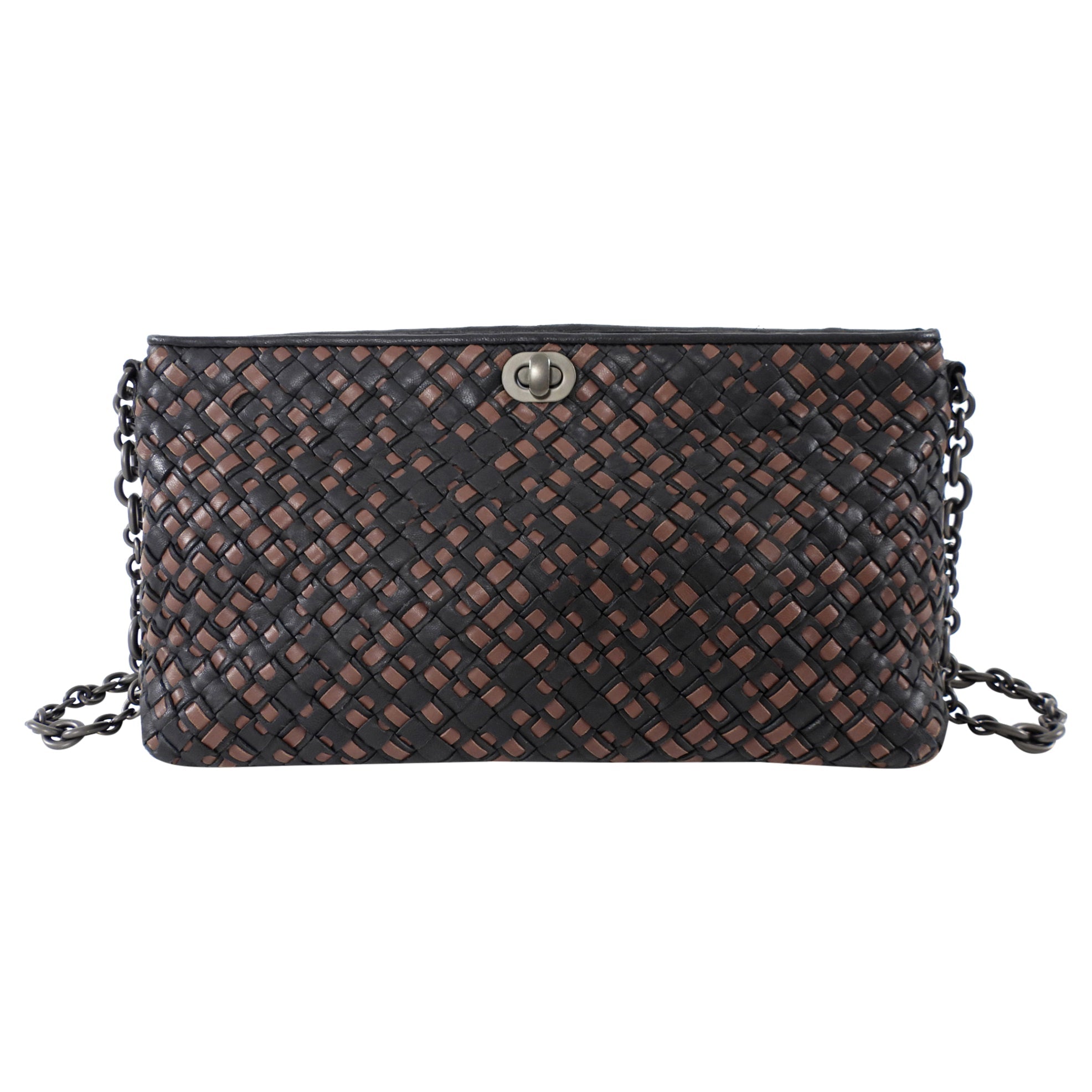 Bottega Veneta Black and Brown Intrecciato Leather Chain Bag
